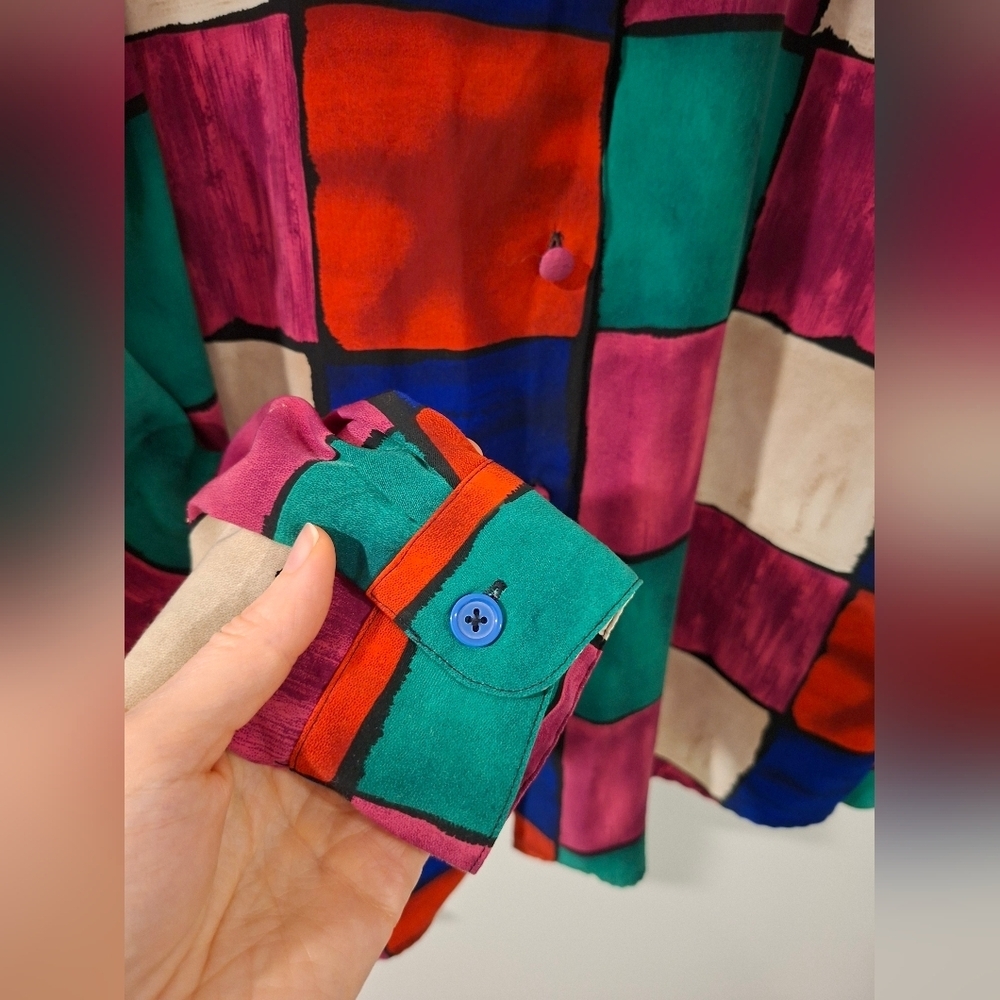 Vintage Le Caviar Women's Festive/Vibrant Check Button-Up Shirt (Size M) - Picture 9 of 9